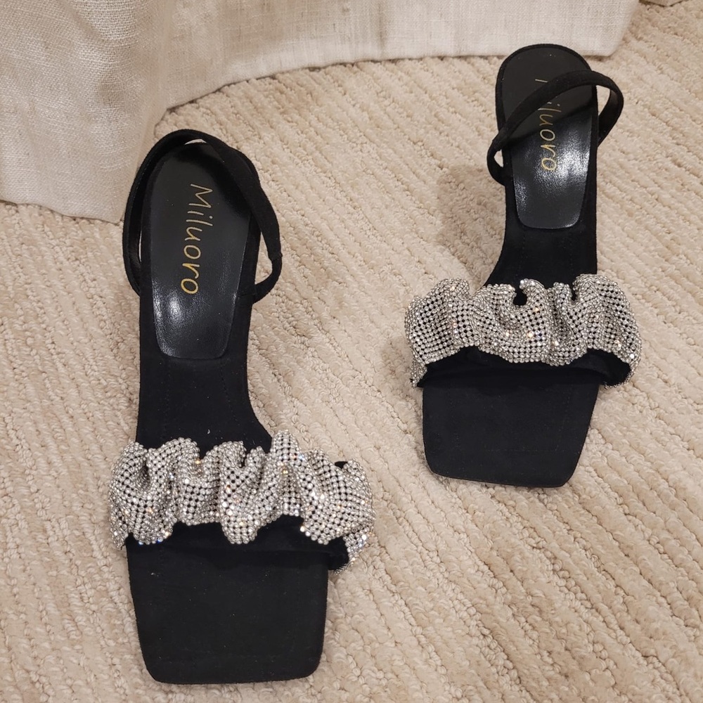 Brand new low heeled black velvet & rhinestone sandals